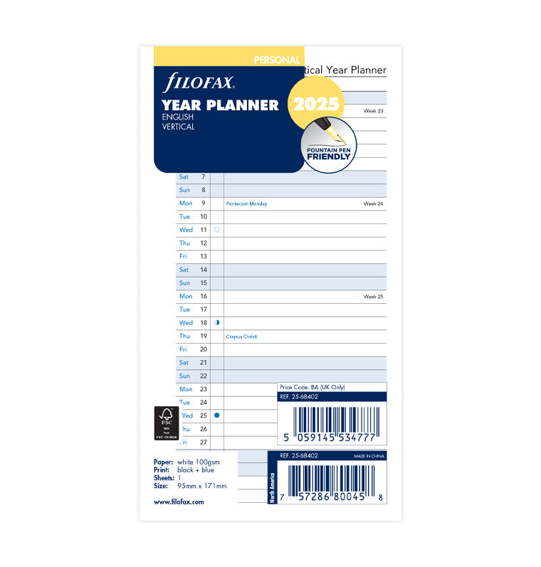 Vertical Year Planner - Personal 2025 English - Filofax