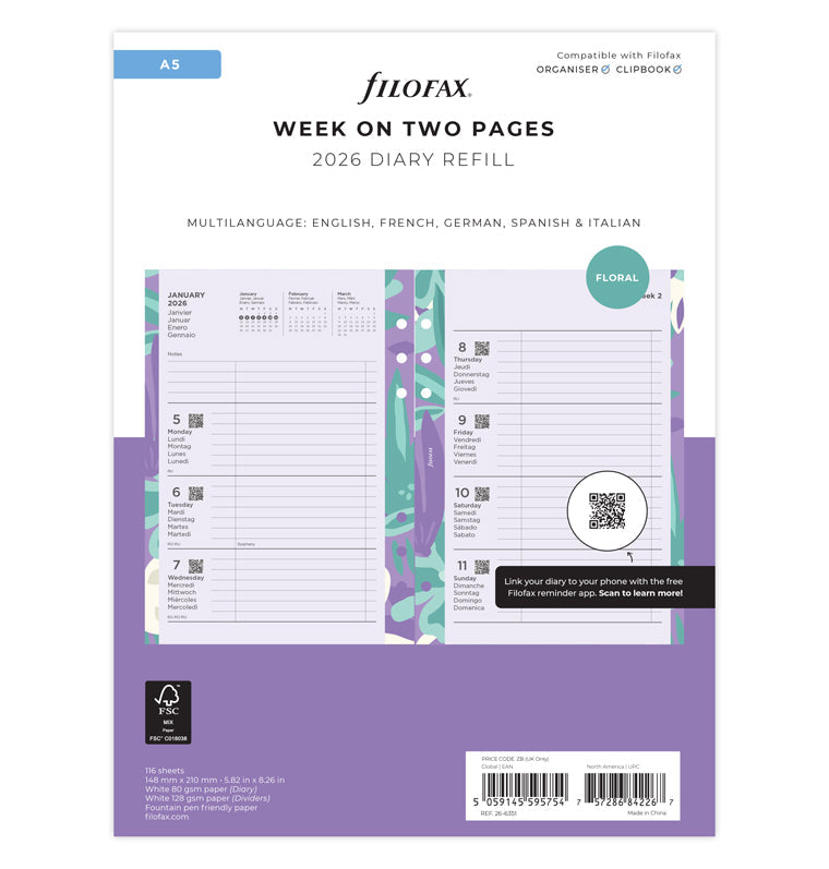 A5 Floral Illustrated Diary Refill Pack - 2026 - 26-6351