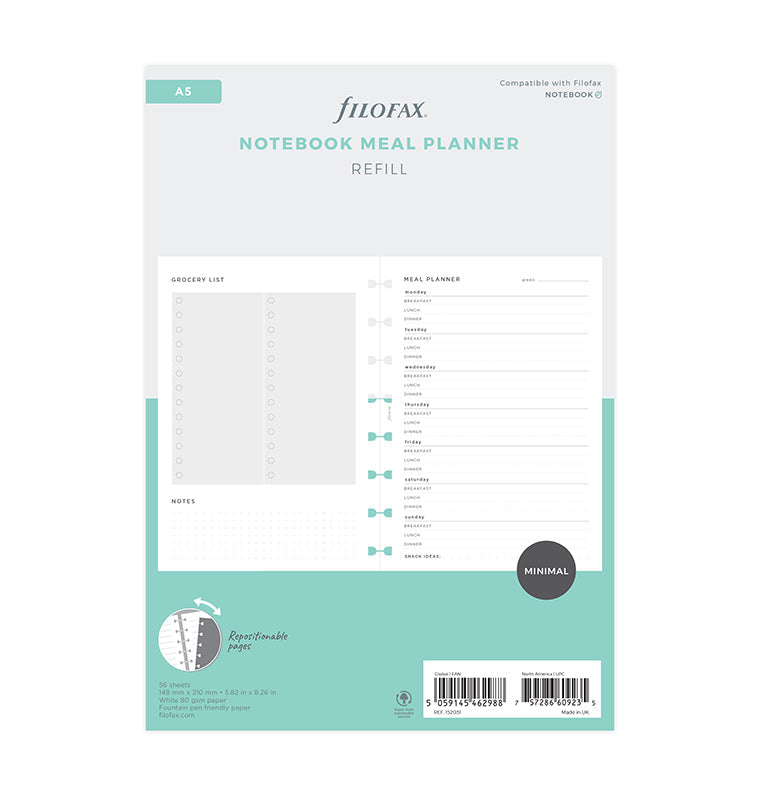 Meal Planner Refill for Filofax A5 Refillable Notebooks - Packaging