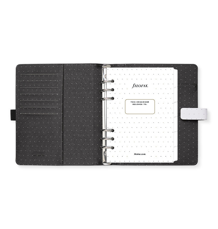 Filofax Moonlight A5 Organiser with patterned inside cover and contents