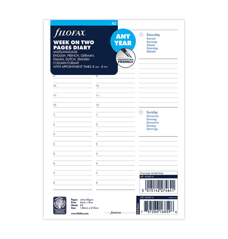 Filofax Any Year Week On Two Pages Diary With Appointments - A5 Packaging